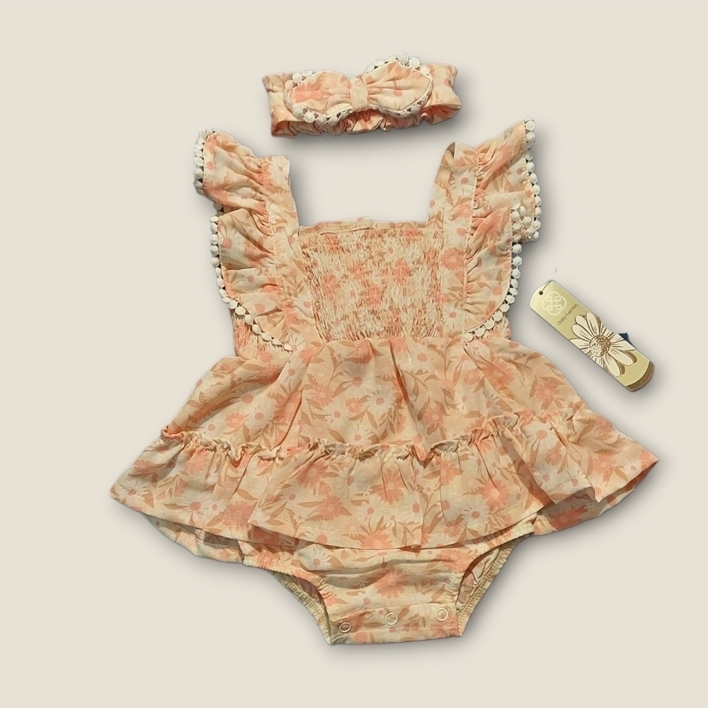 NWT Daisy Fuentes Peach Floral Baby Skirted Romper And Matching Headband ~12 M